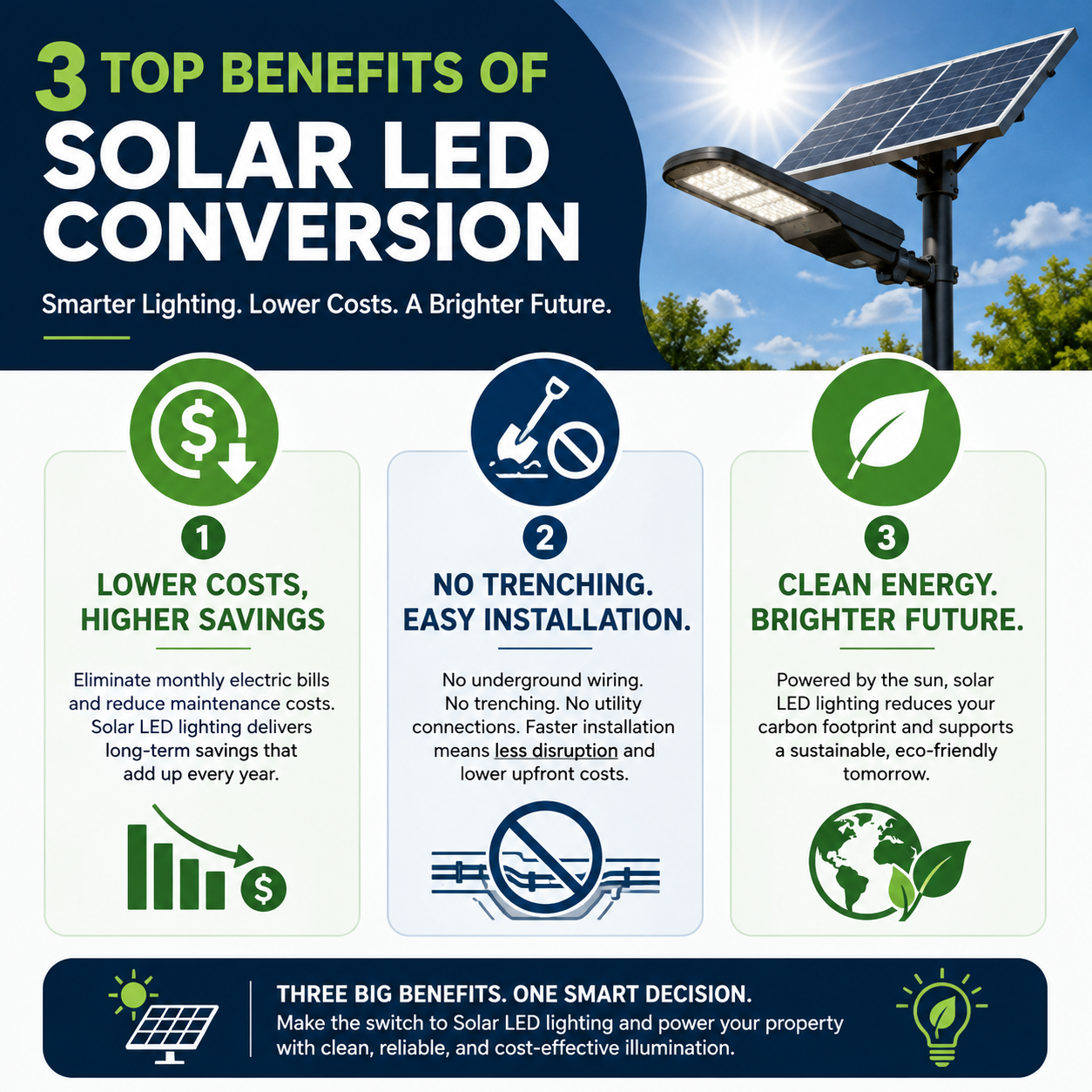 Top 3 Benefits of Converting to Commercial Solar LED Lighting This infographic highlights the three biggest advantages of upgrading to commercial solar LED lighting: lower operating costs, fast installation without trenching or utility wiring, and clean, renewable energy. Discover why businesses, municipalities, schools, HOAs, and commercial property owners are making the switch to reliable, energy-efficient solar lighting solutions.